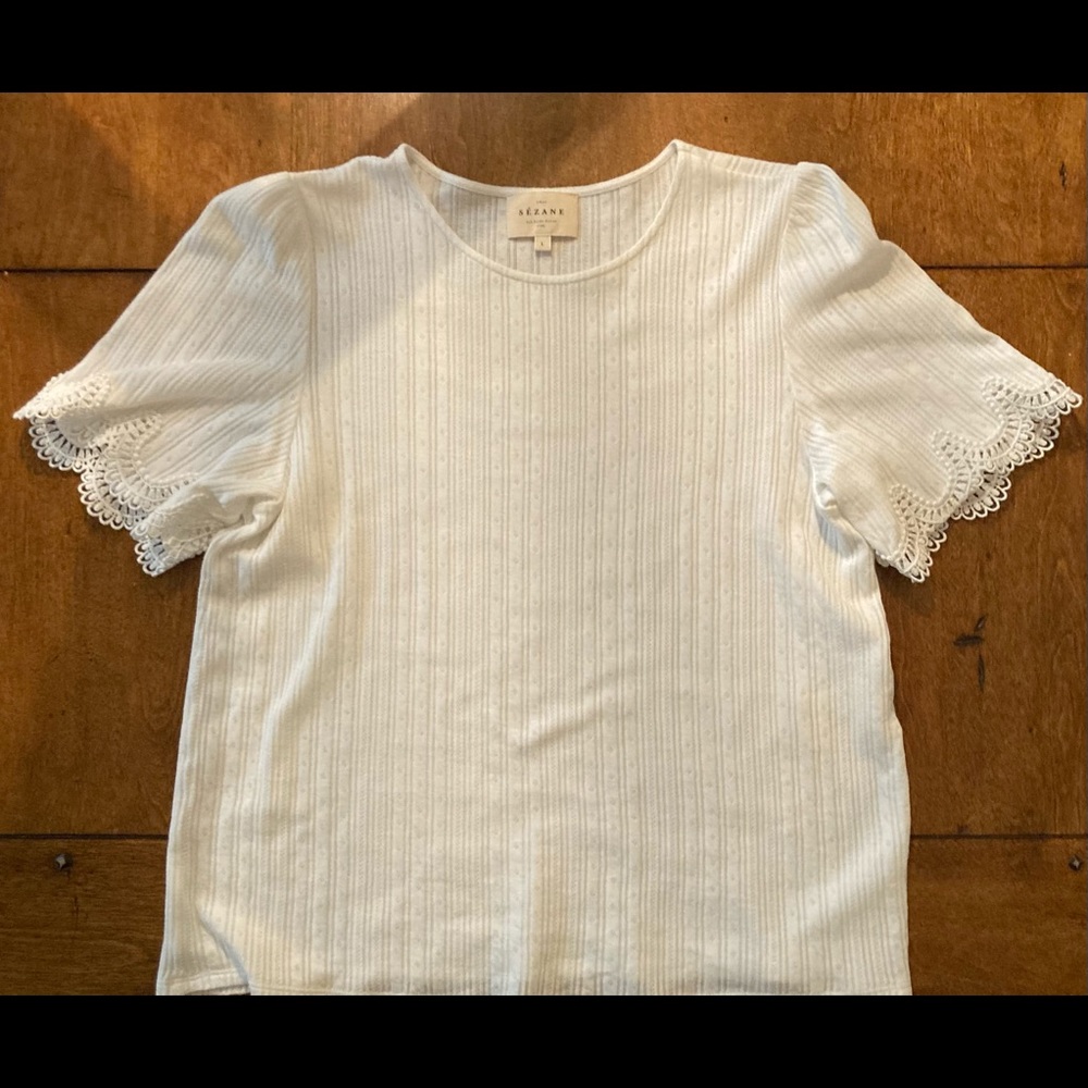 Sezane pointelle lace trimmed sleeve t-shirt